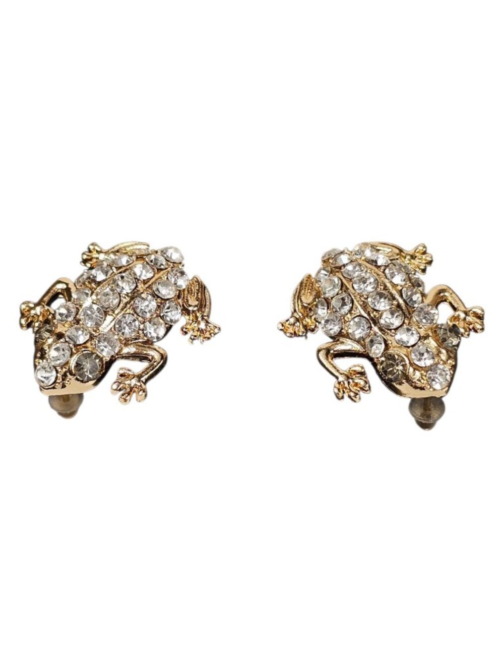 Gold Tone Frog post Earrings Rhinestone Crystal Animal Jewelry Cute Gift VTG